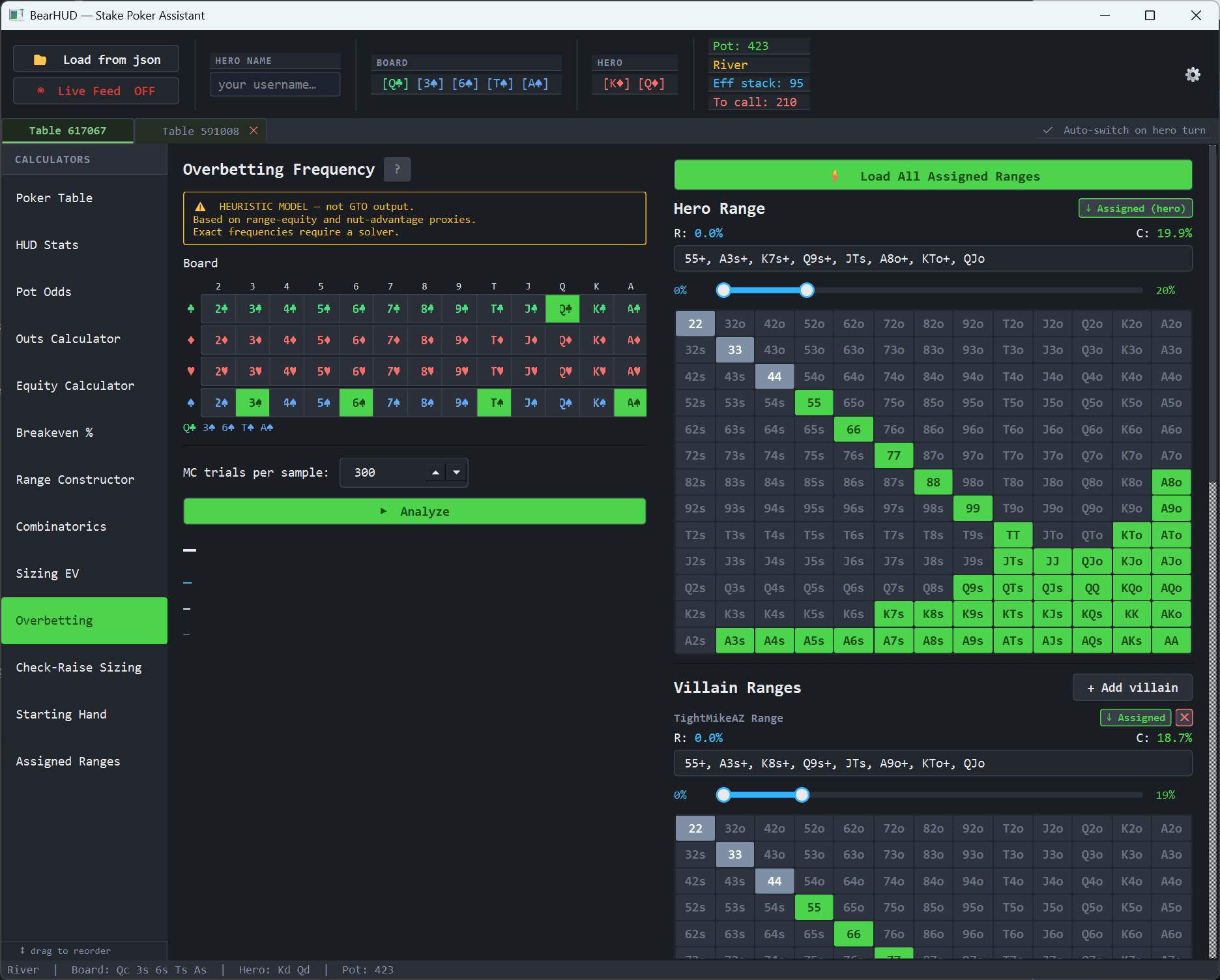 BearHUD calculator screen showing a poker hand analysis