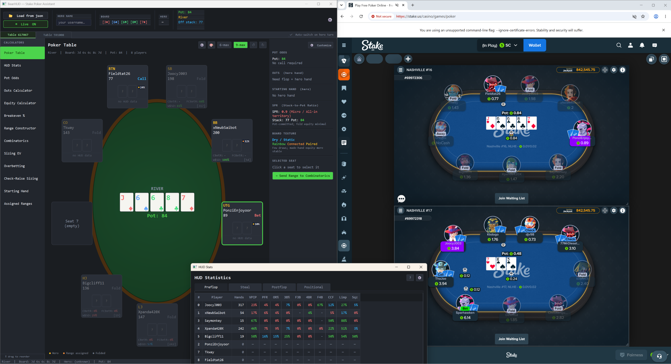 BearHUD running beside live Stake poker tables, showing a Stake poker HUD with player statistics and calculator panels.